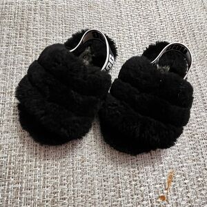 UGG Kids Black Fluffy Slippers